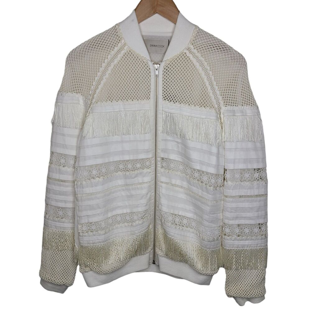 Emma Cook Isabella Cotton Bomber White/Ivory‎ Womens SZ 8 Fringe/Mesh Zip Up NEW